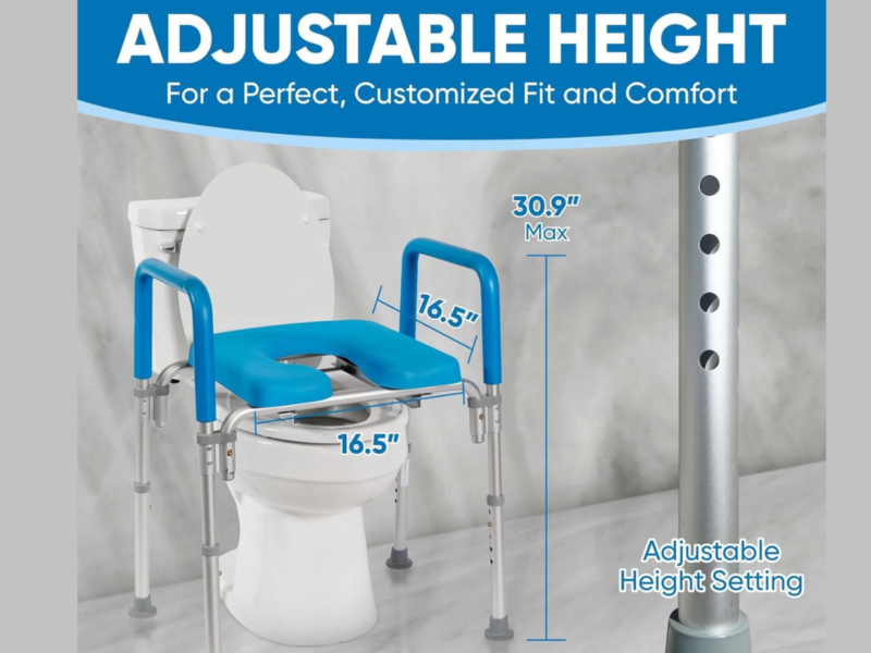 Padded Raised Toilet Seat with Arm Supports (Adjustable